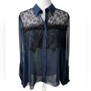 JASON WU Collection Silk Lace Blouse Sheer Navy Button Front Designer Top NWT